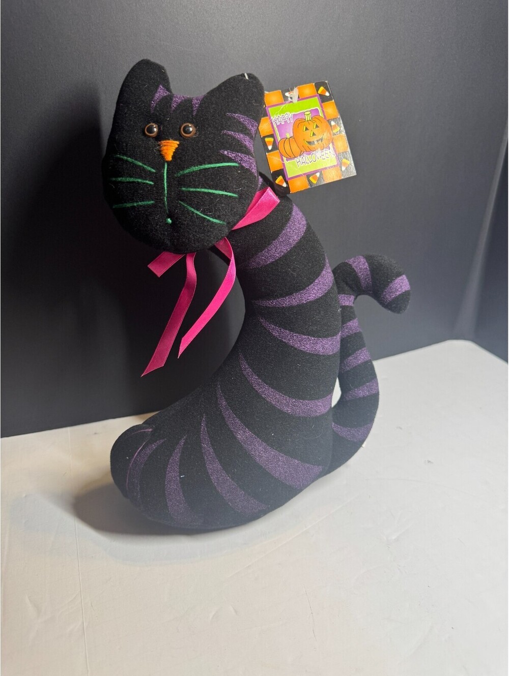 Halloween Cat Doorstop Shelf Sitter Purple Stripes Fabric Weighted 11”